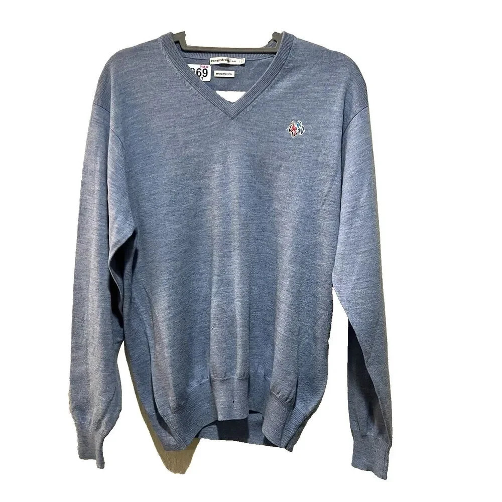 Peter Millar Blue Merino Wool V Neck Sweater Men Large Flag Embroidered USA Flaw